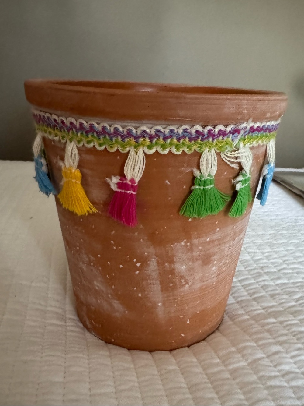 Terracotta Tassel Plant Pot - Multicolor Trim 5.5 inches in width and height